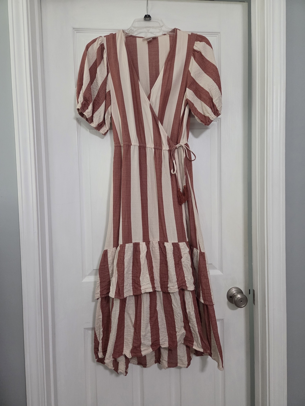 Striped Wrap Midi Dress with Puff Sleeves - Cream & Rust
